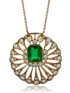 Natural Colombian Emerald & Diamond Pendant Necklace 18K Yellow Gold GIA Report